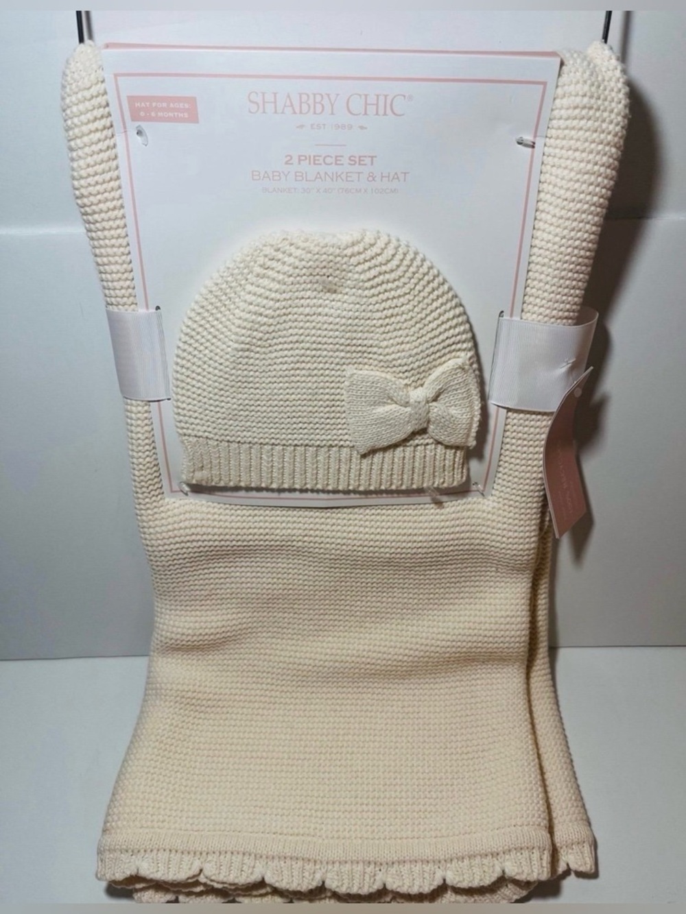 Shabby Chic 2 Piece Cream Baby Nursery Blanket and Hat Set 0-6 Months
